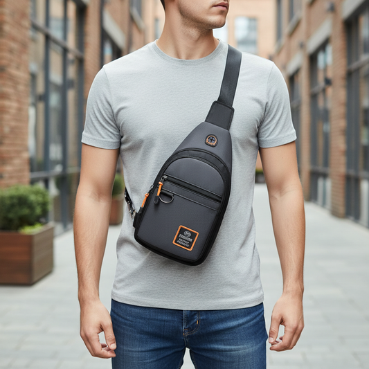 Muž s černou crossbody taškou přes rameno. Kompaktní taška s několika kapsami na zip pro každodenní nošení.