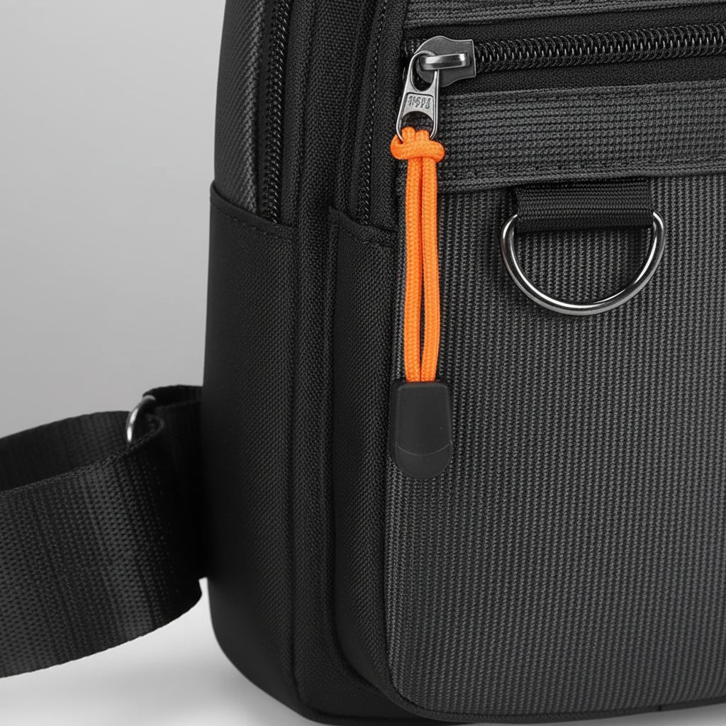 Close-up of a black crossbody sling bag featuring a smooth metal zipper, durable Oxford fabric, reinforced stitching, and a front D-ring attachment.