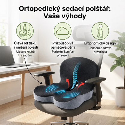 Ortopedický sedací polštář z paměťové pěny – úleva pro kostrč a záda