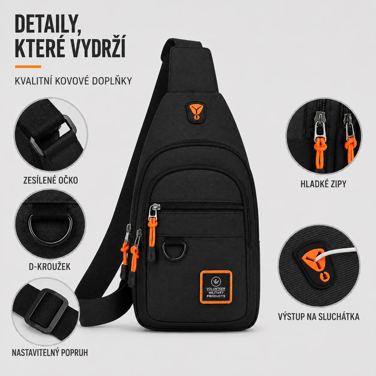 Detail černé crossbody tašky s kovovými doplňky, hladkými zipy, nastavitelným popruhem a D-kroužkem.