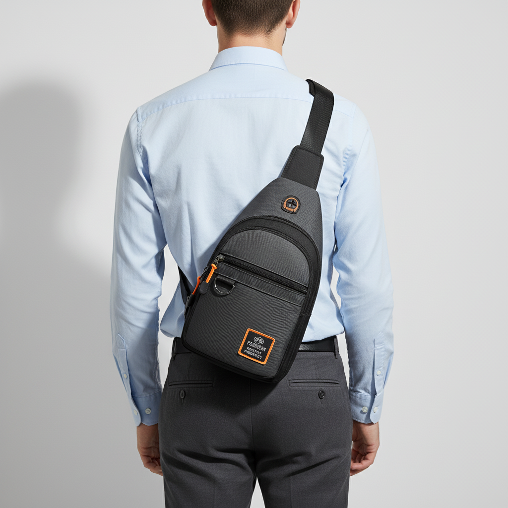 Man wearing a compact gray crossbody sling bag on the back, featuring multiple storage compartments and an adjustable shoulder strap for comfortable everyday use.