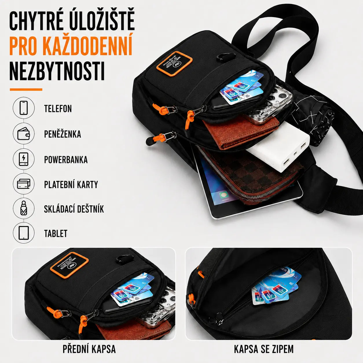 Muž s modrou crossbody taškou přes rameno. Praktická taška s několika kapsami na každodenní použití.