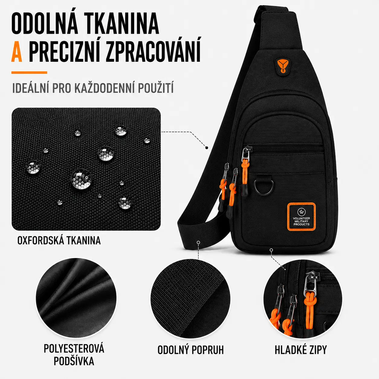 Černá crossbody taška z odolné vodoodpudivé oxfordské tkaniny s kvalitní podšívkou a pevnými zipy.