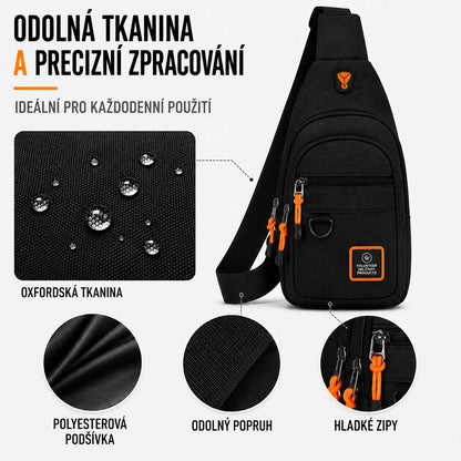 Černá crossbody taška z odolné vodoodpudivé oxfordské tkaniny s kvalitní podšívkou a pevnými zipy.