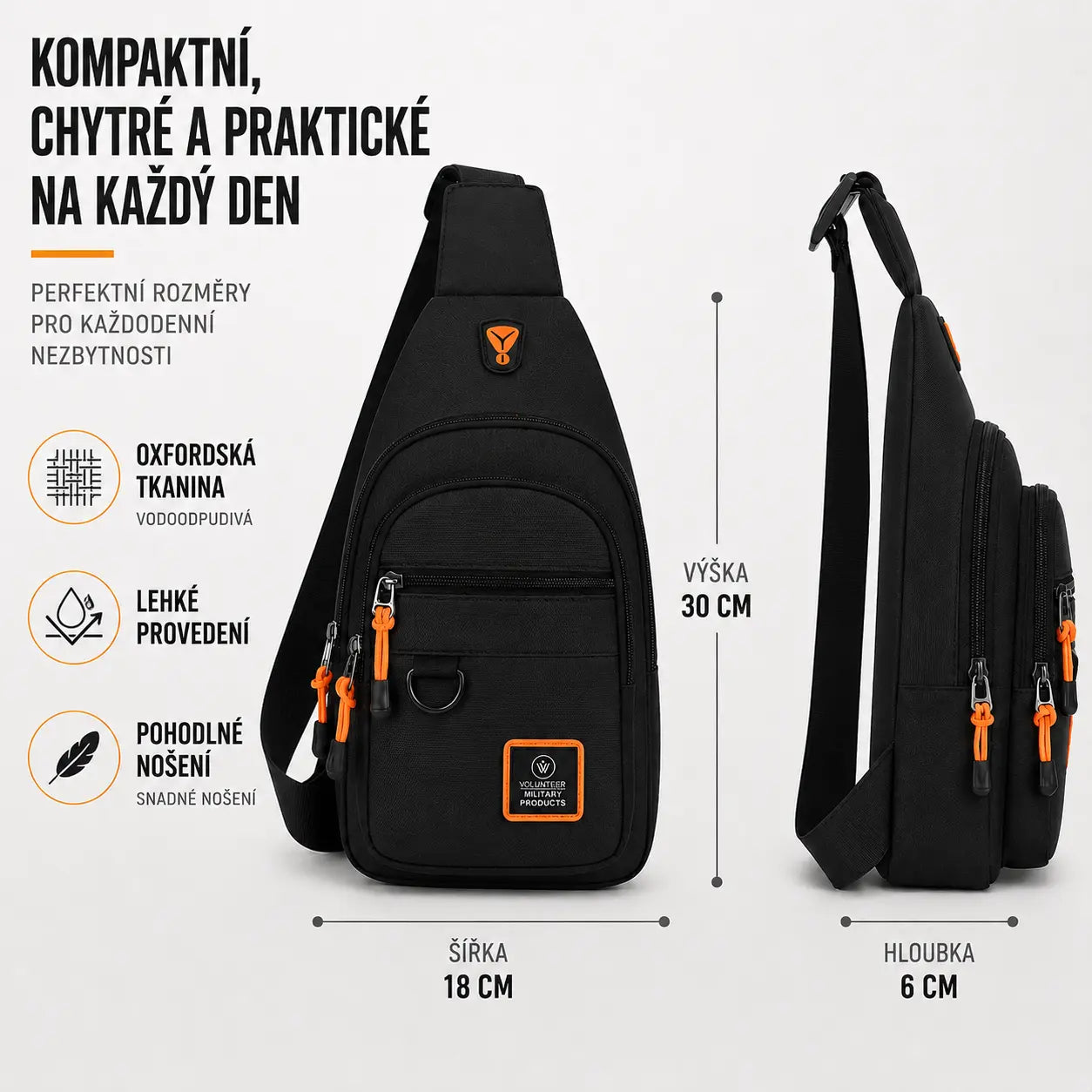 Kompaktní crossbody taška s rozměry 30 × 18 × 6 cm, ideální pro každodenní nošení.