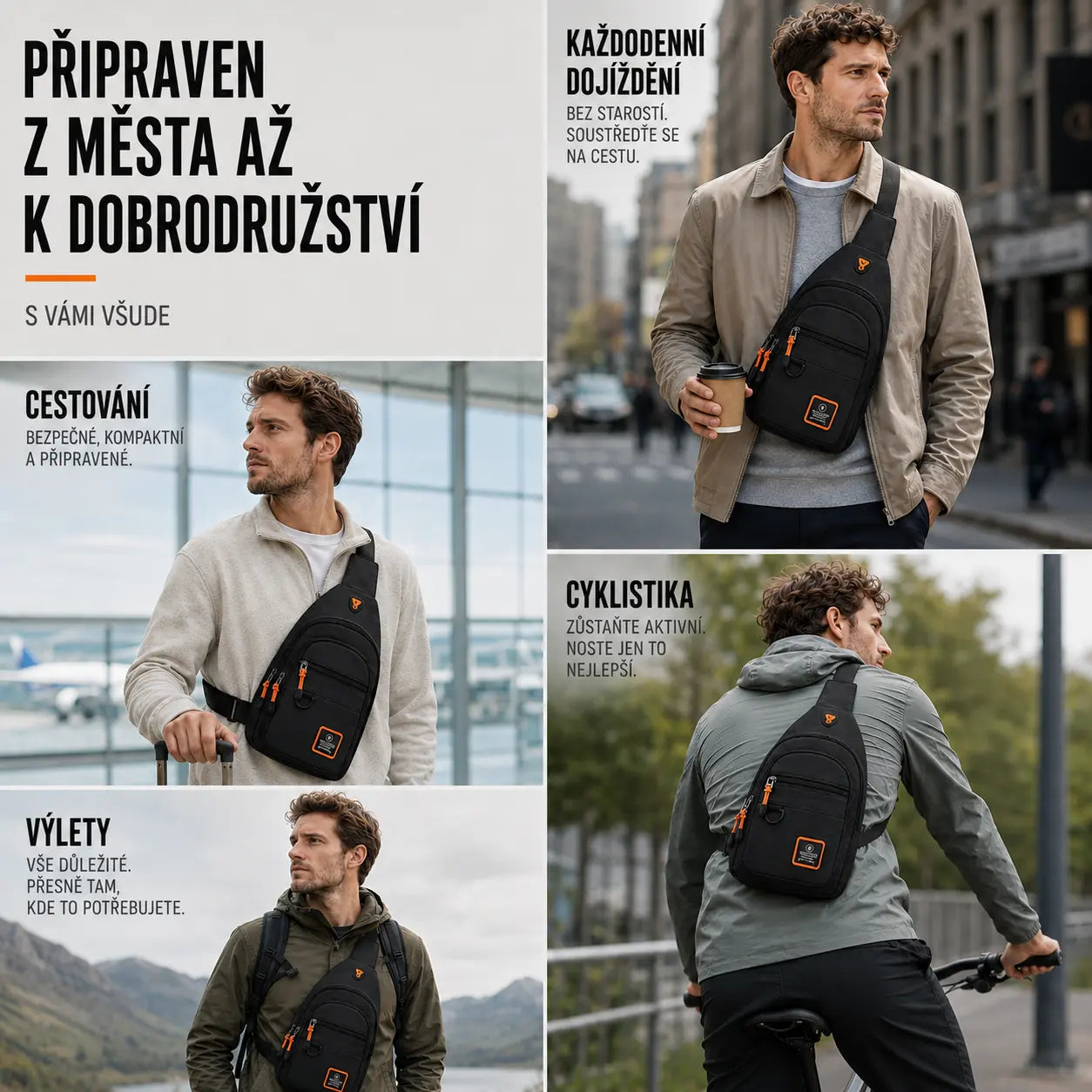 Muž se zelenou crossbody taškou přes rameno s nastavitelným popruhem a několika kapsami na zip.