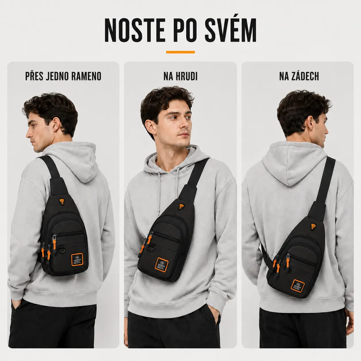 Crossbody taška nošená přes jedno rameno, na hrudi i na zádech pro maximální pohodlí při každodenním používání.