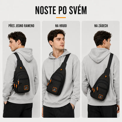 Crossbody taška nošená přes jedno rameno, na hrudi i na zádech pro maximální pohodlí při každodenním používání.